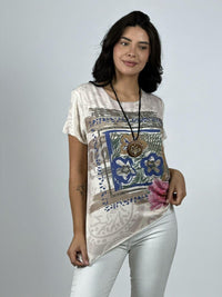 Polera Algodón Cuadro Abstracto Rosas