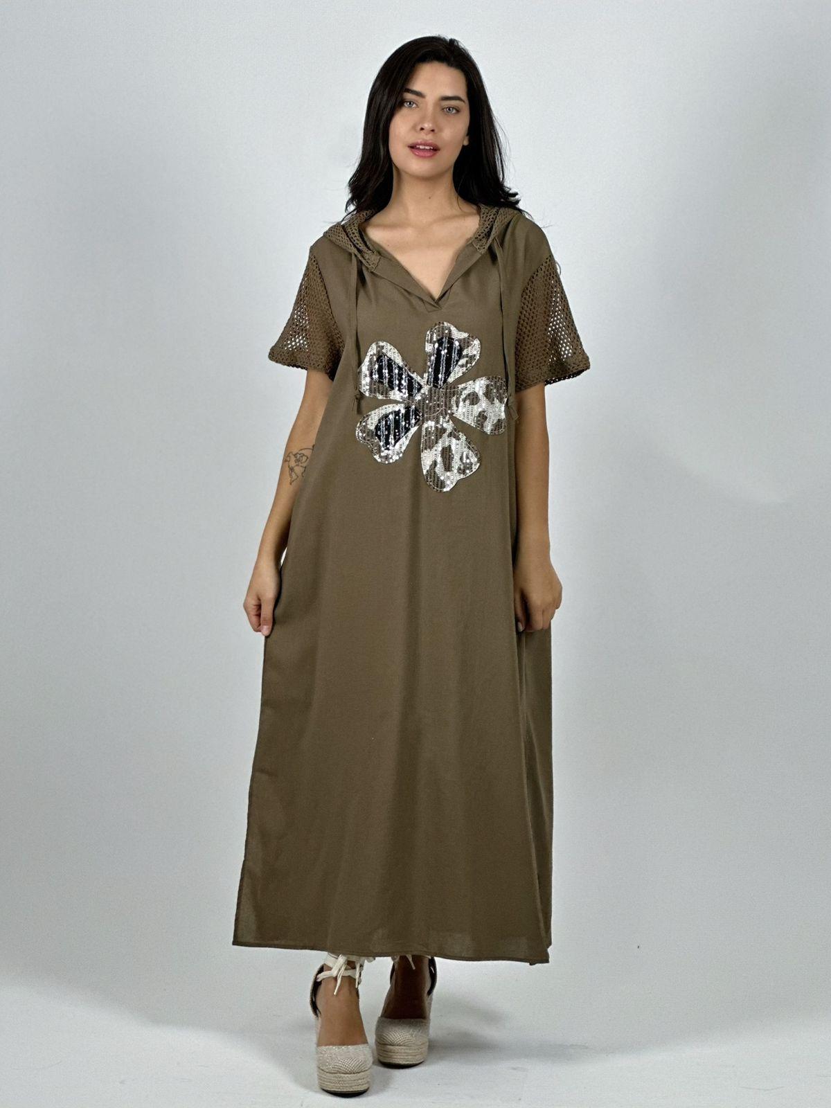 Vestido Largo Crepé Flor Brillos