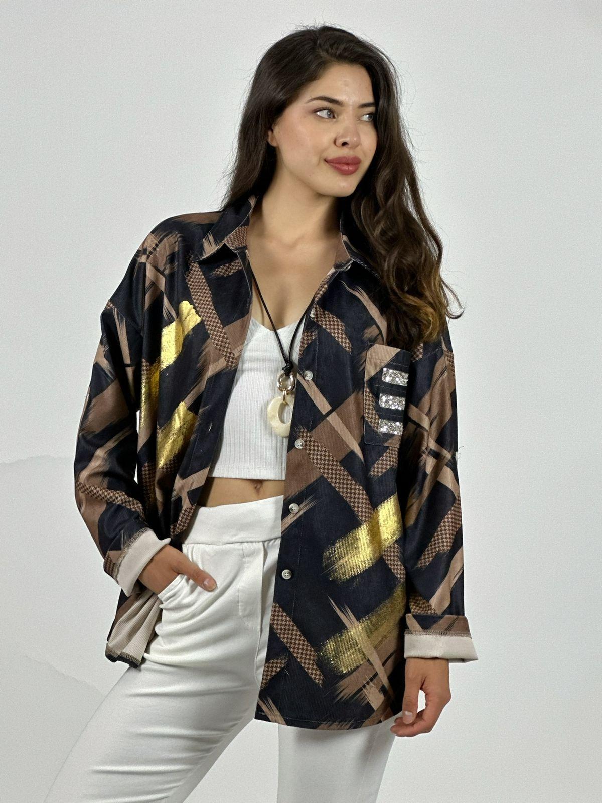 Camisa Cotelé Líneas y Brillos Cruzados