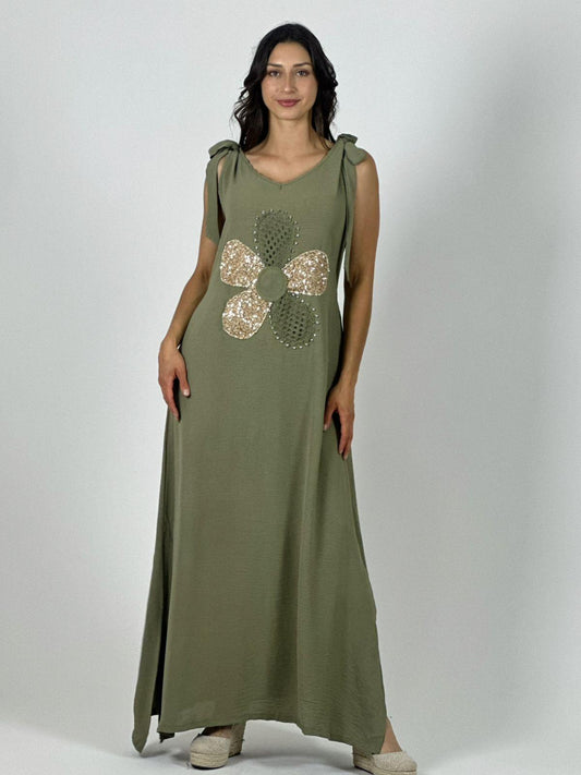 Vestido Lino Flor Brillos
