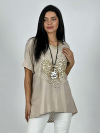 Polera Lino Corazón Brillos y Broderi