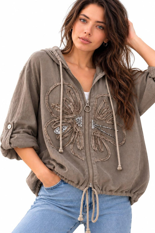 Bomber Lino Flor Bordada con Brillos