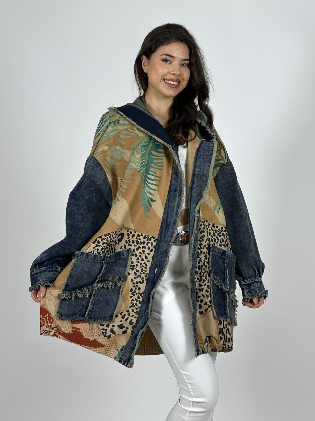 Abrigo Italiano Lana/Mezclilla Hojas y Leopardo