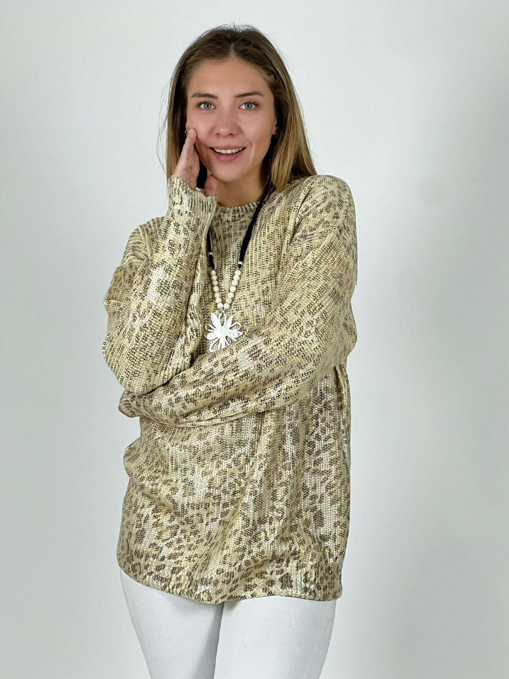 Sweater de Hilo Estampado Print con Brillos