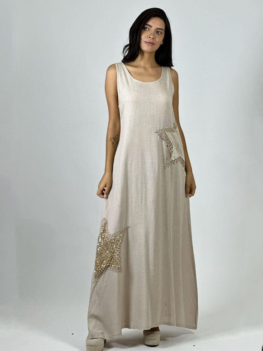 Vestido Lino Estrellas Tejidas con Brillos