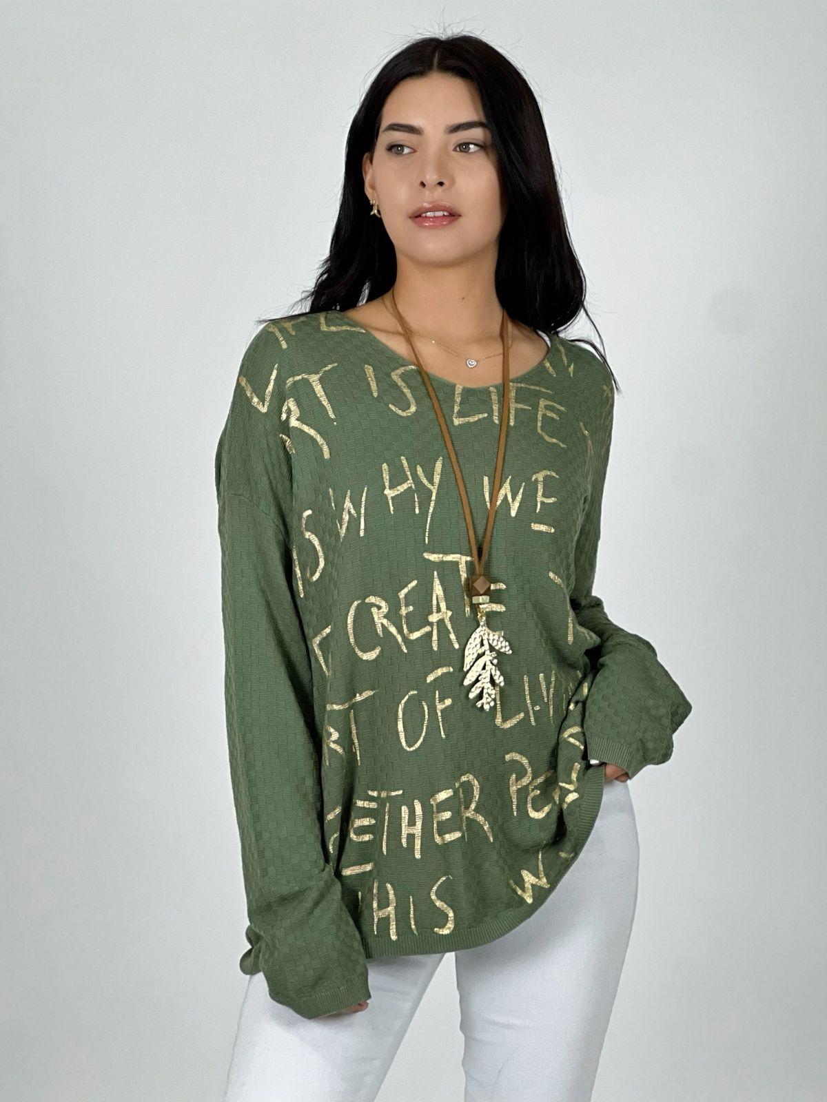 Sweater Spandex Letras Doradas Cuello V