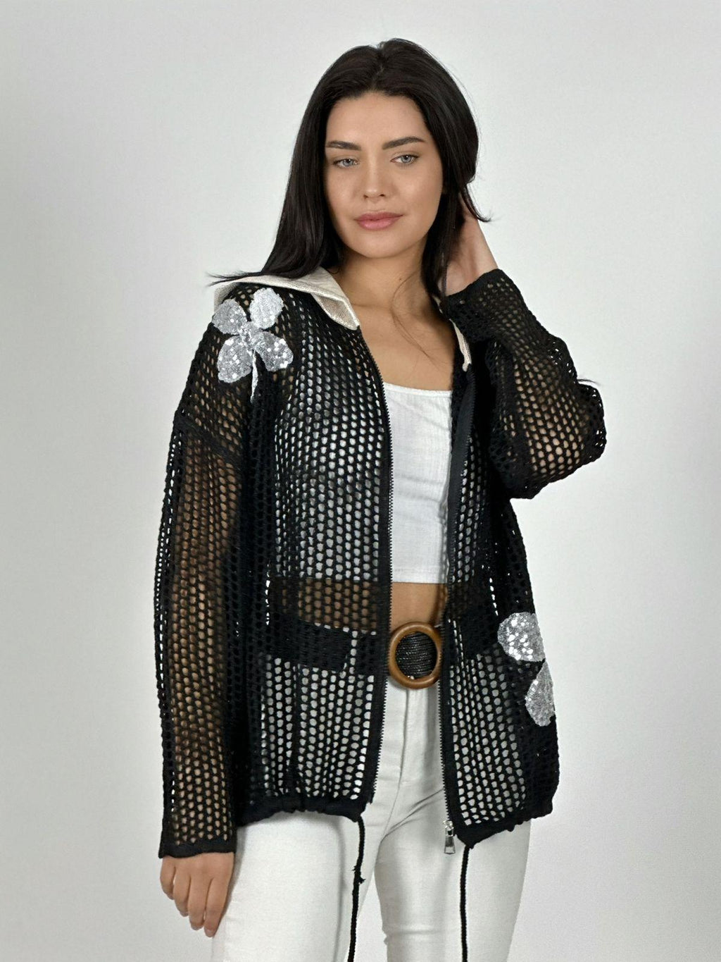 Polerón Hilo con Cierre Flores Brillantes