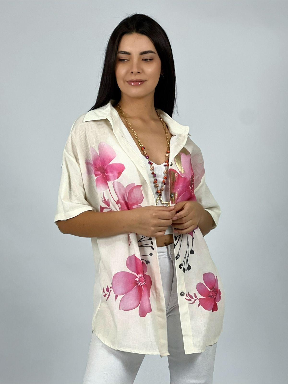 Blusa Lino con Flores Bordes Brillantes