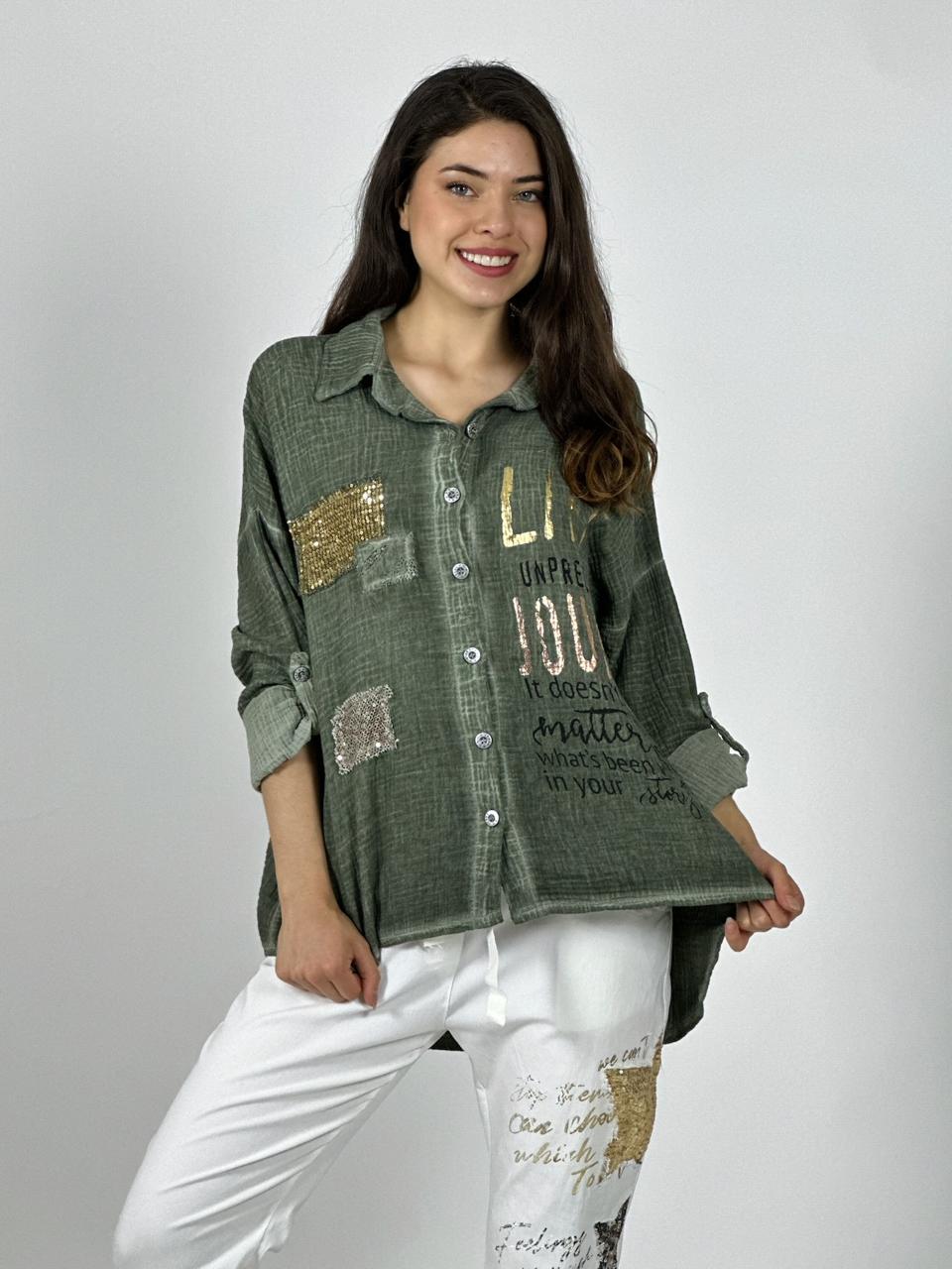 Blusa Italiana Cuadros Y Letras Brillantes
