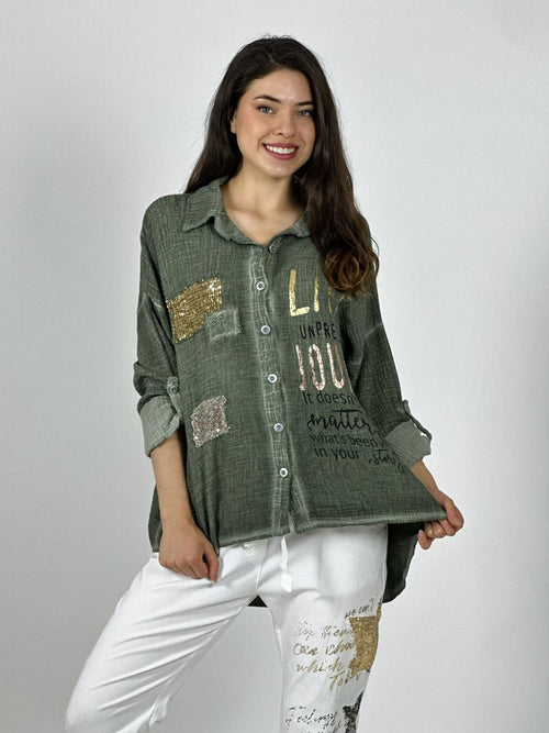 Blusa Italiana Cuadros Y Letras Brillantes