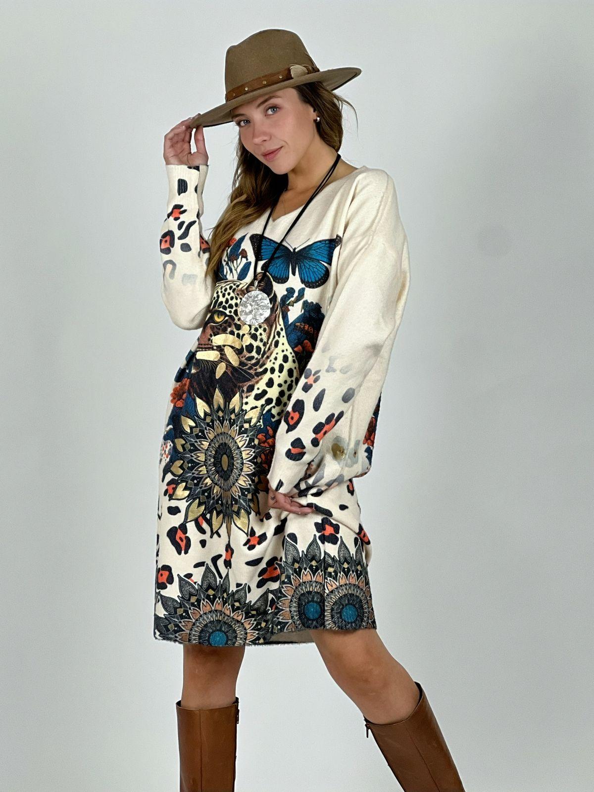 Vestido Lanilla Animal Print con Mariposas