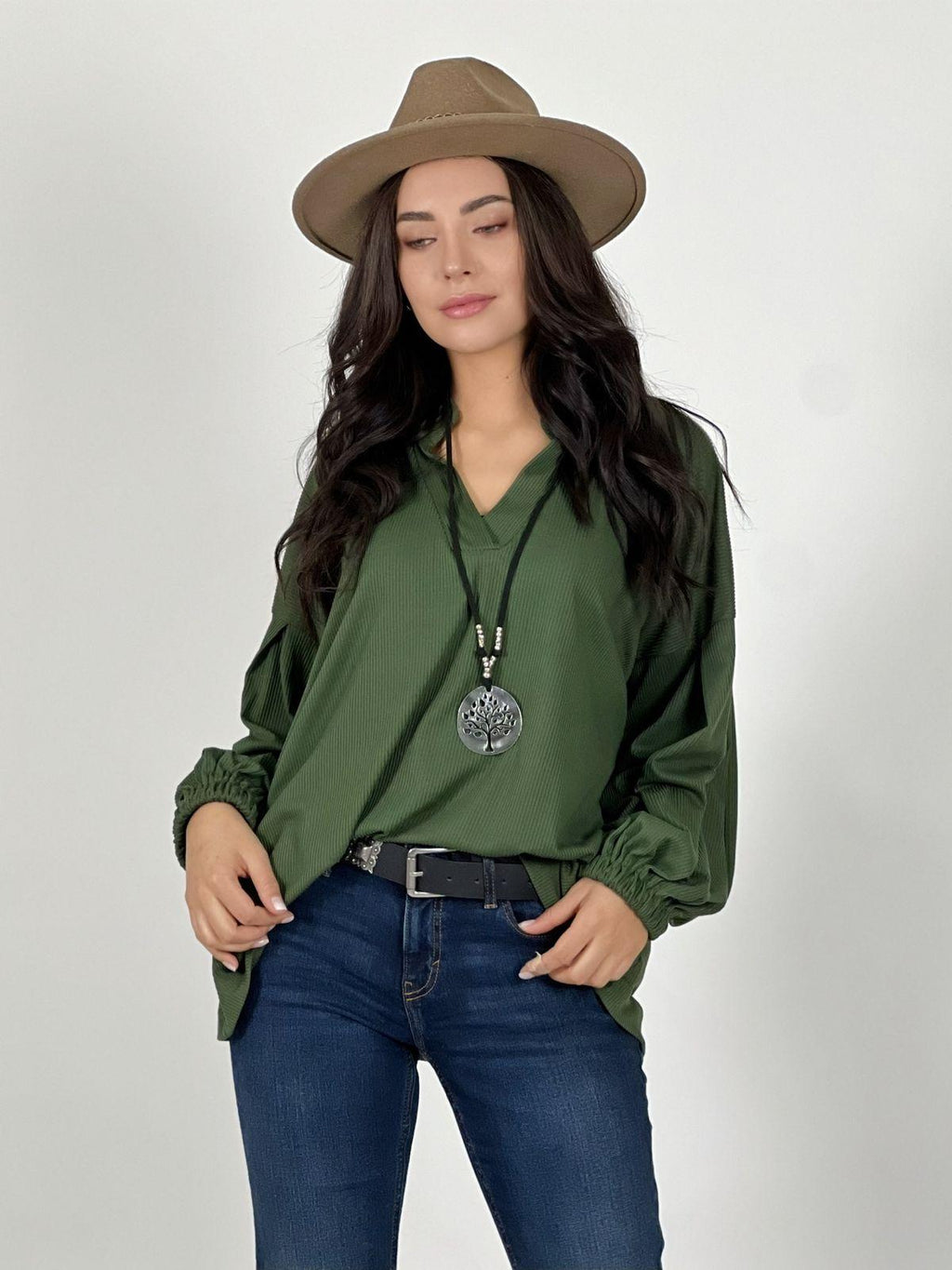 Blusa Cuello V Mangas Globo