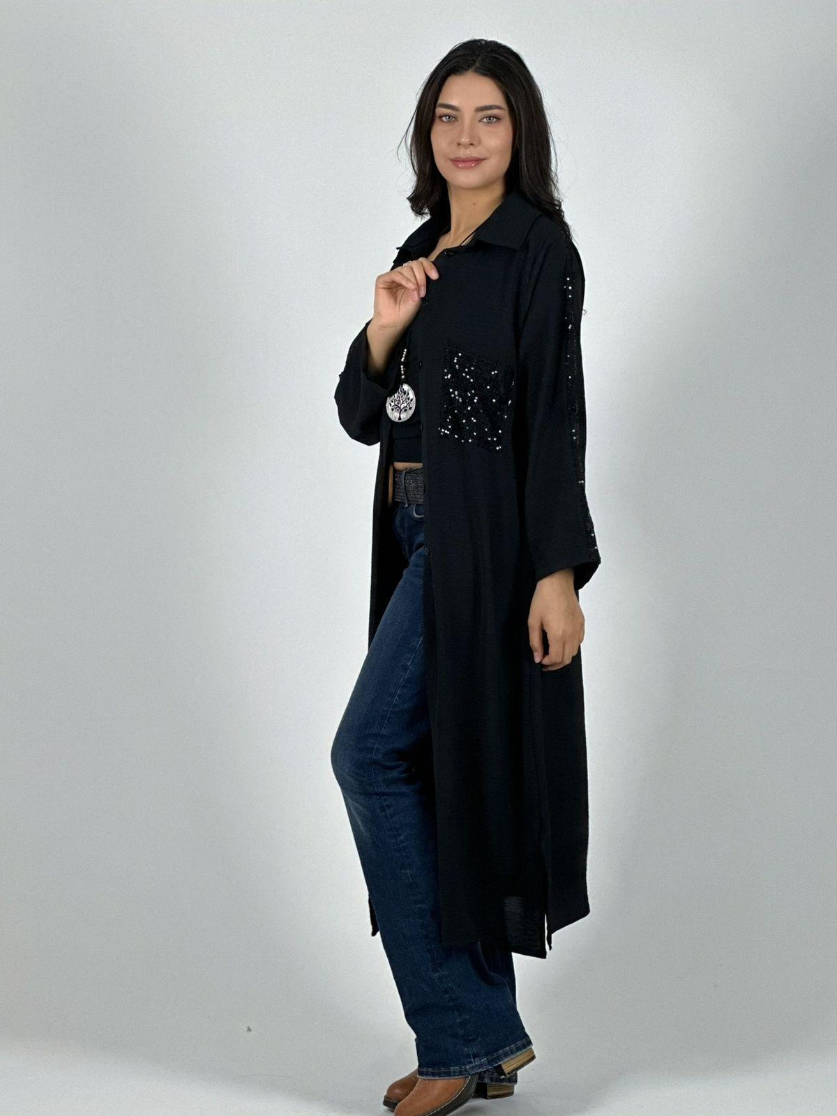 Blusón Camisero Tela Cey Con Detalles Brillantes