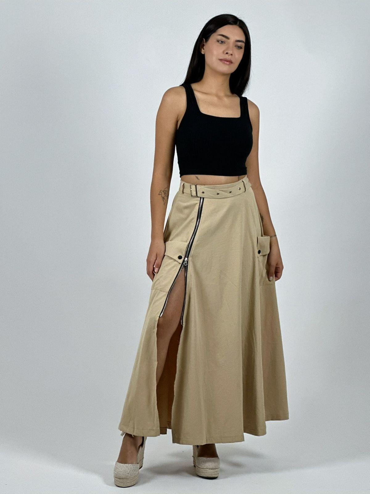 Falda Larga Con Cinturón y Cierre Abertura