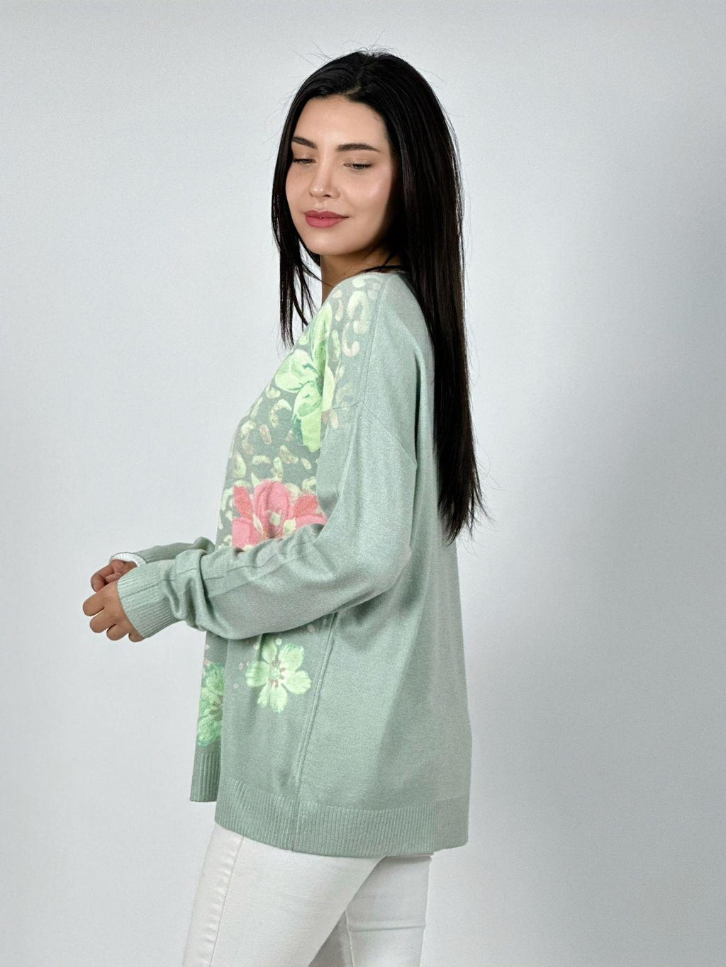 Sweater Spandex Print Con Flores y Brillos