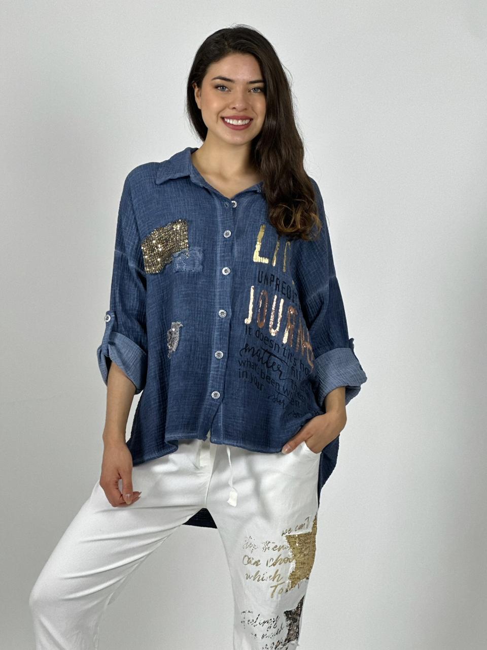 Blusa Italiana Cuadros Y Letras Brillantes