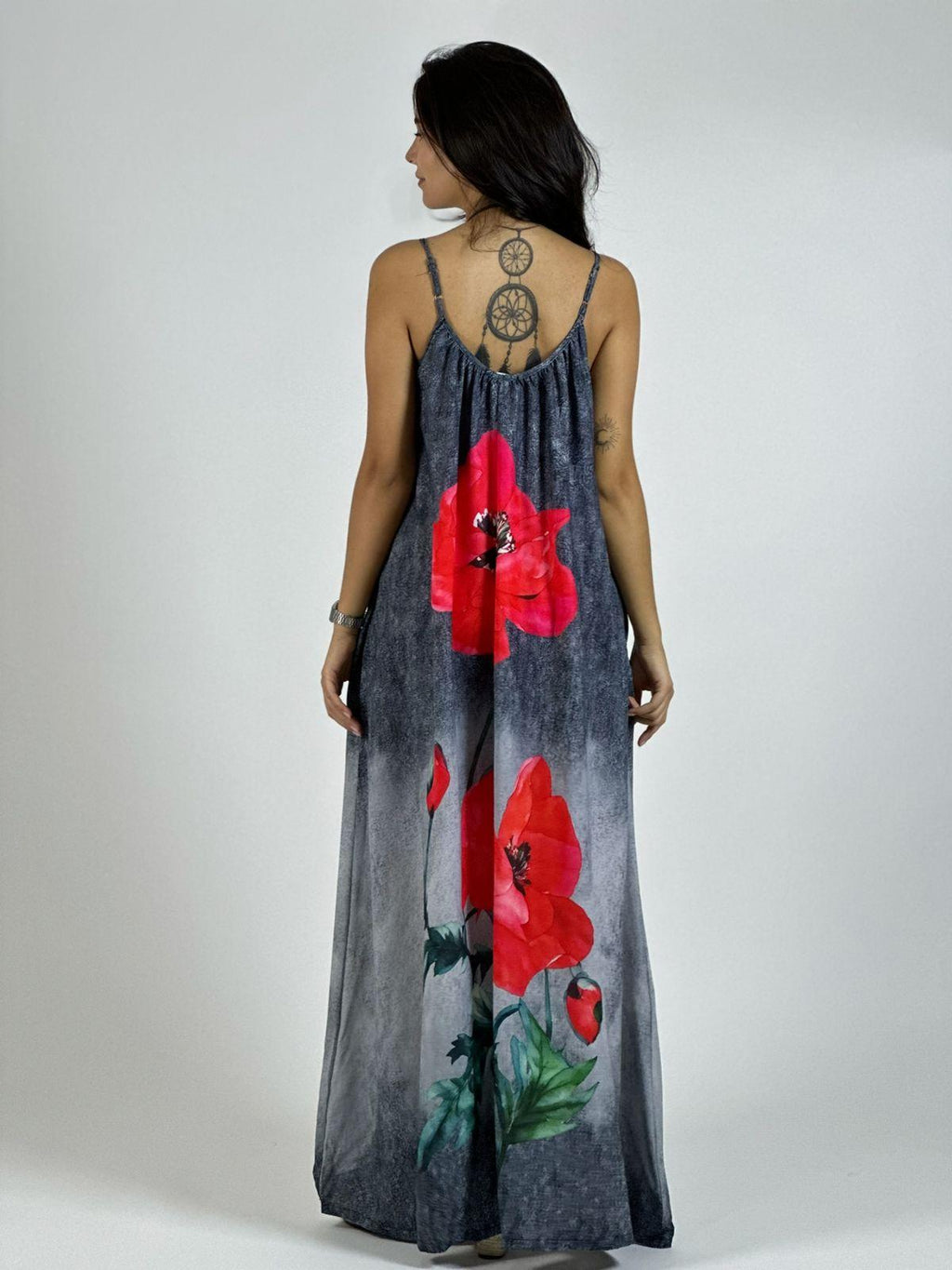 Vestido Mezclilla Delgada Con Flores Cayena