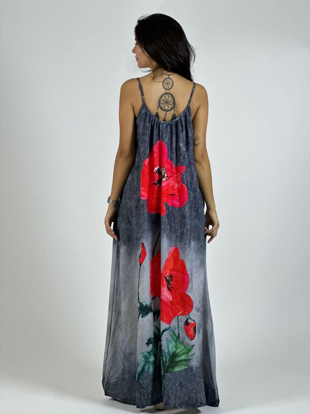 Vestido Mezclilla Delgada Con Flores Cayena