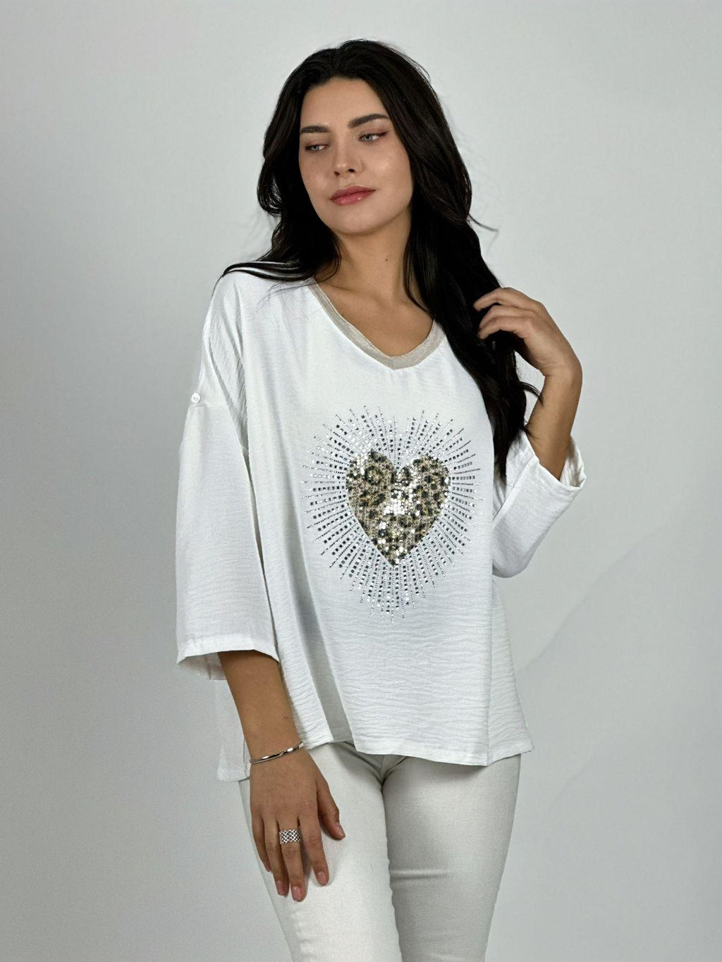 Polera Lino Corazon Print Con Brillos