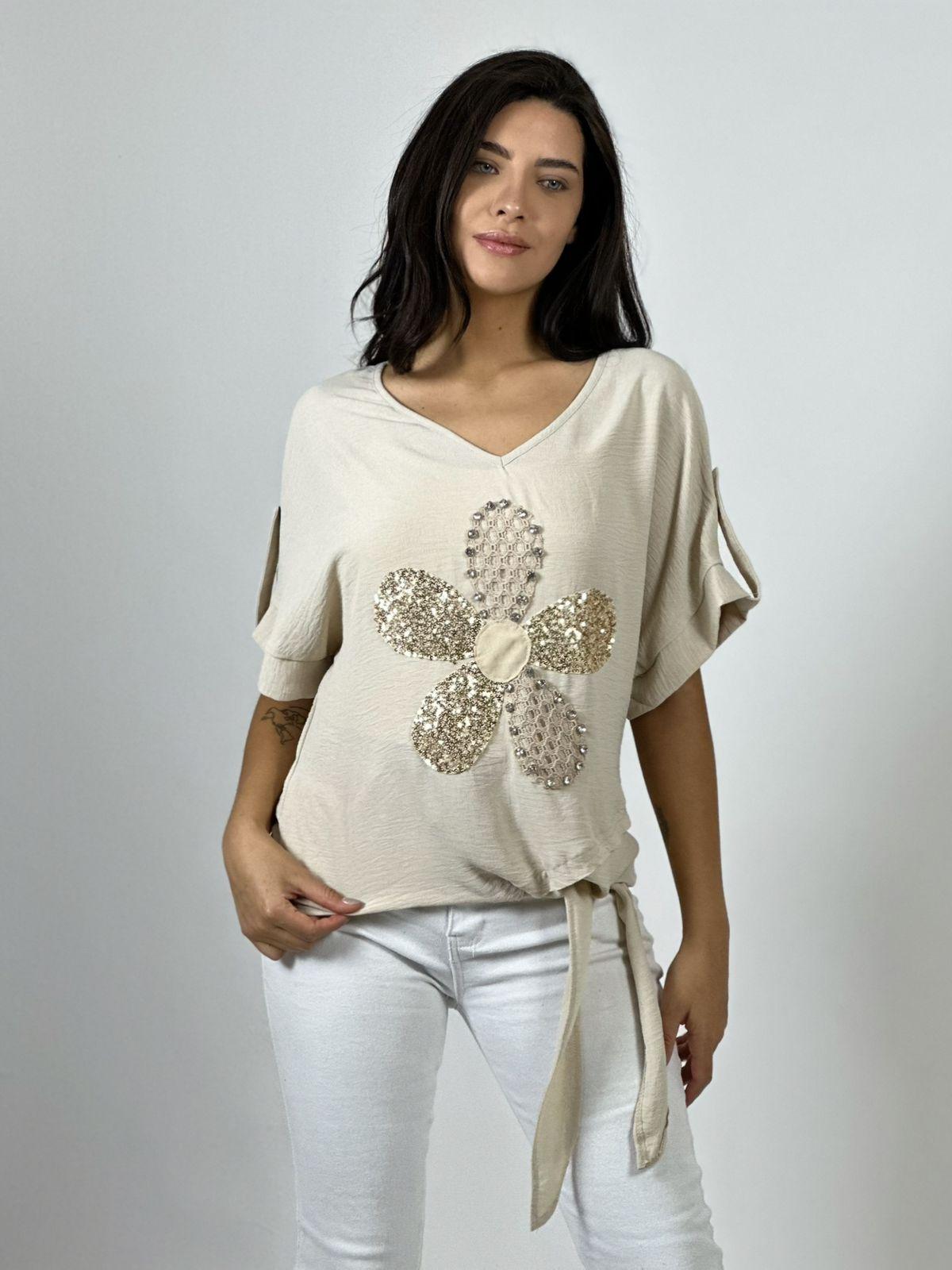 Polera Crepé Flor y Dorso Tejido