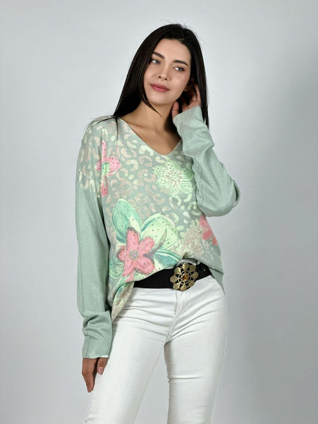 Sweater Spandex Print Con Flores y Brillos