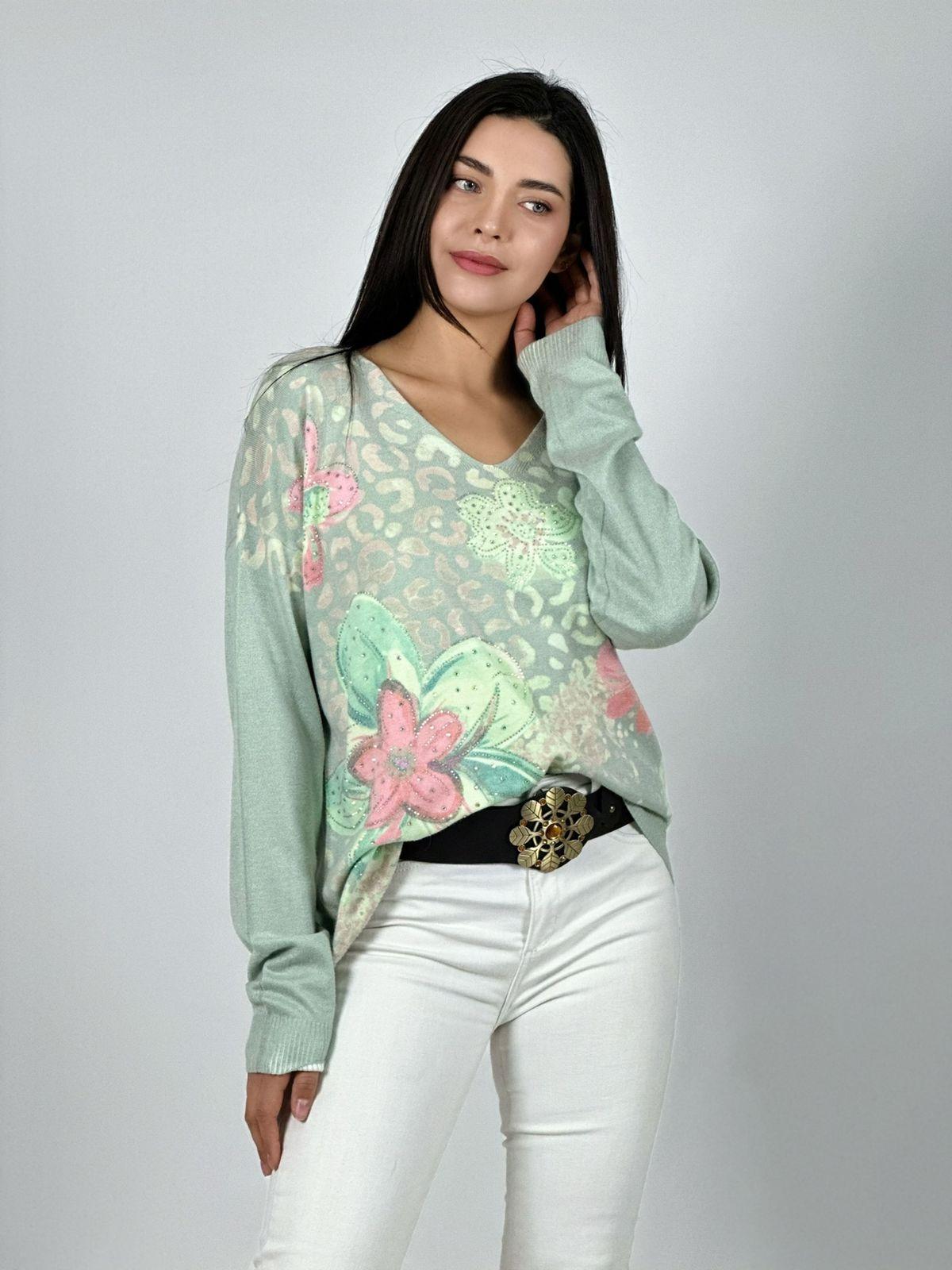 Sweater Spandex Print Con Flores y Brillos