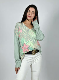 Sweater Spandex Print Con Flores y Brillos