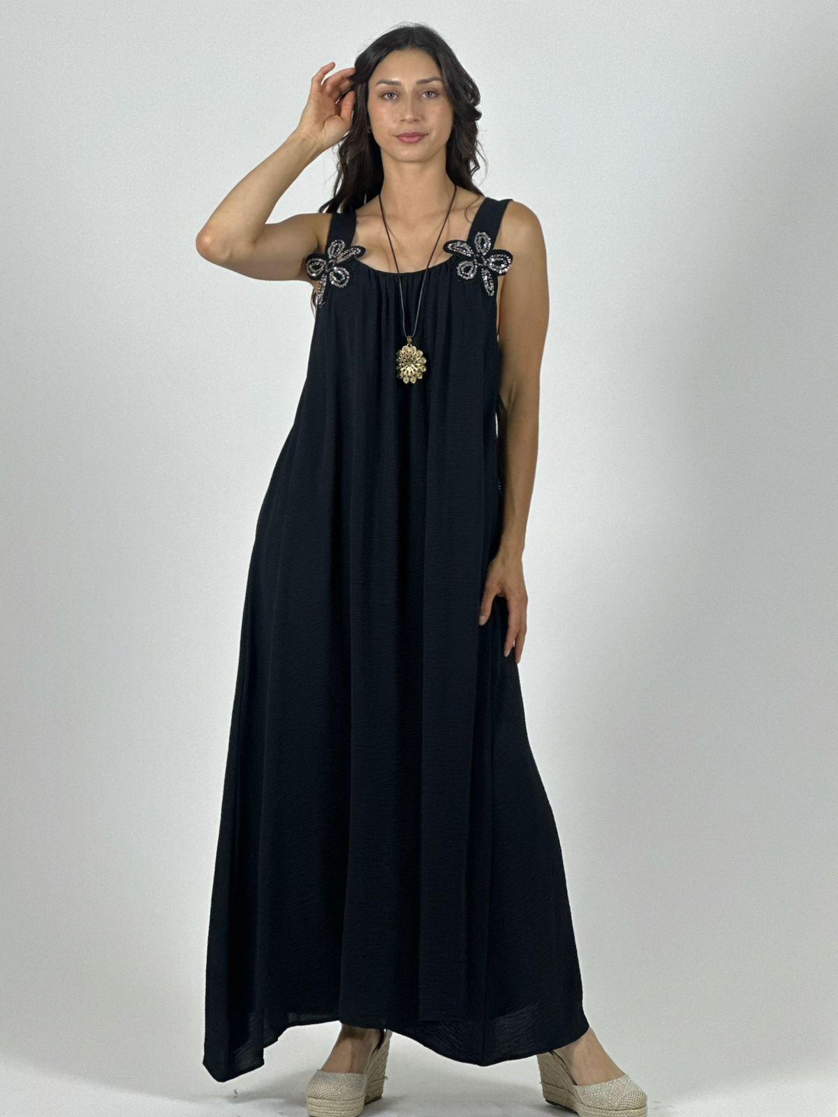 Vestido Crepé Tirantes Con Flores Brillantes