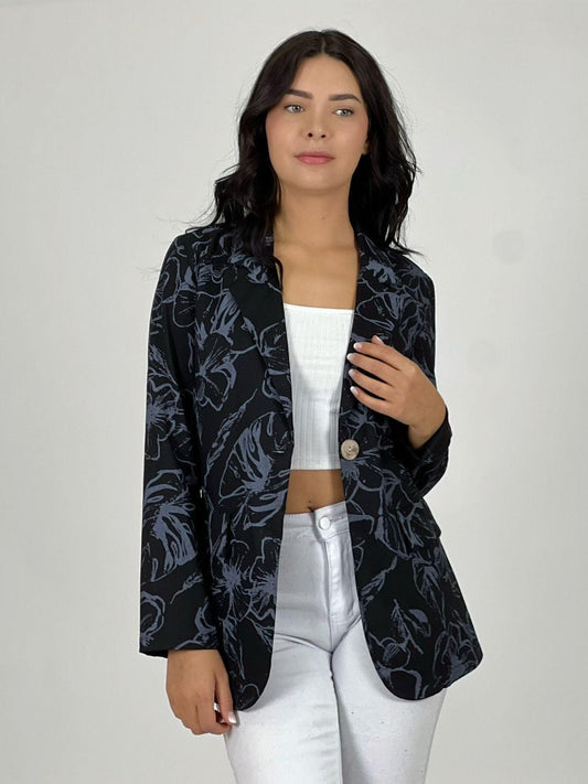 Blazer Lino Diseño Estampado Flores Negro