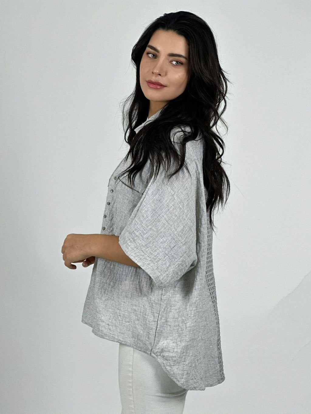 Blusa Lino Bolsillo con Brillos