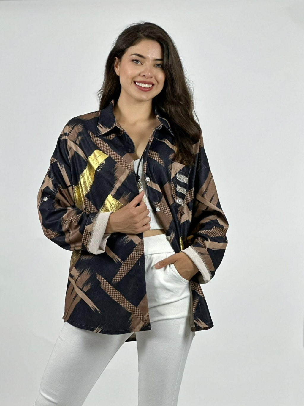 Camisa Cotelé Líneas y Brillos Cruzados