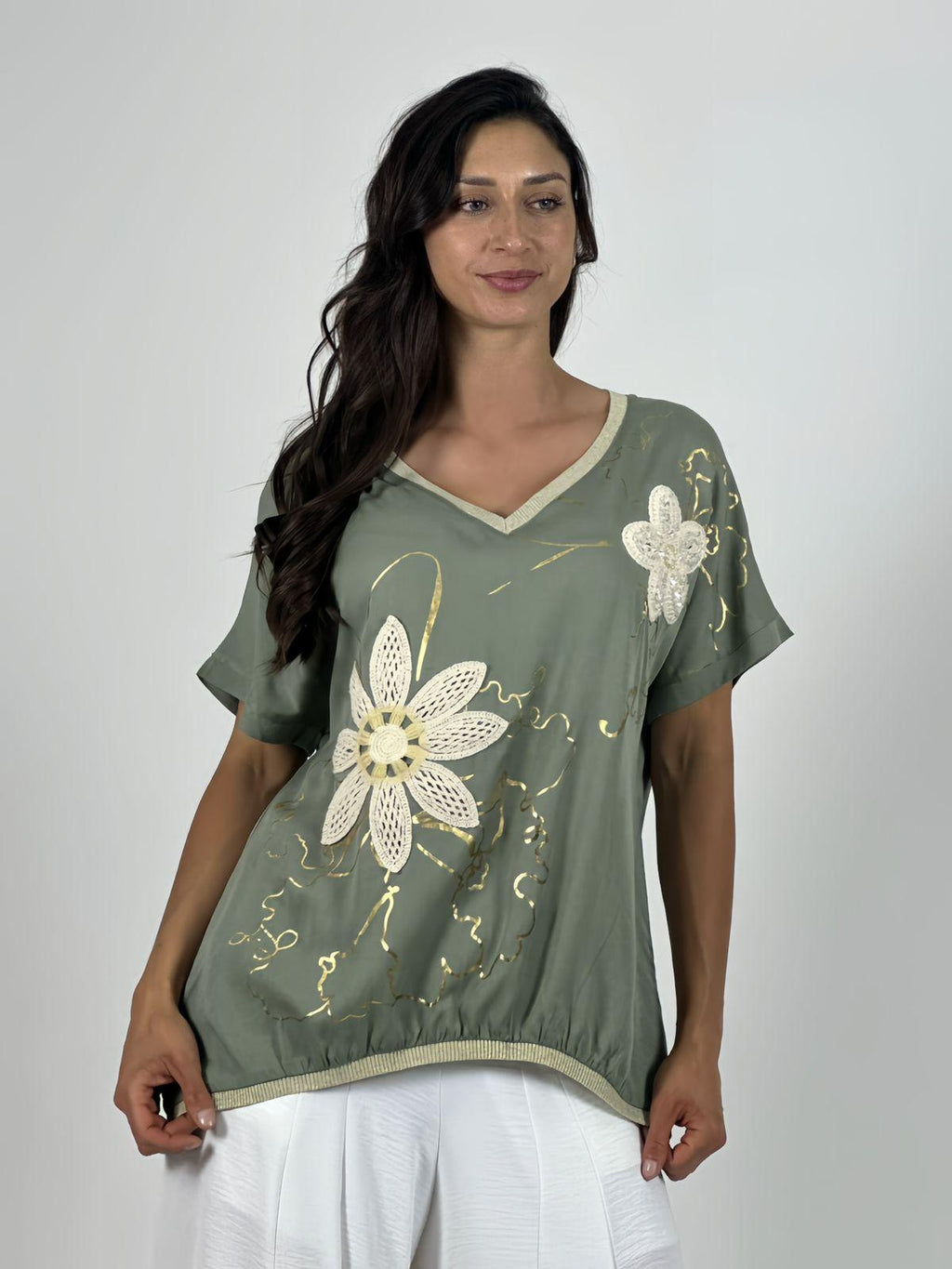 Polera Lino Flor Tejida Lineas Doradas