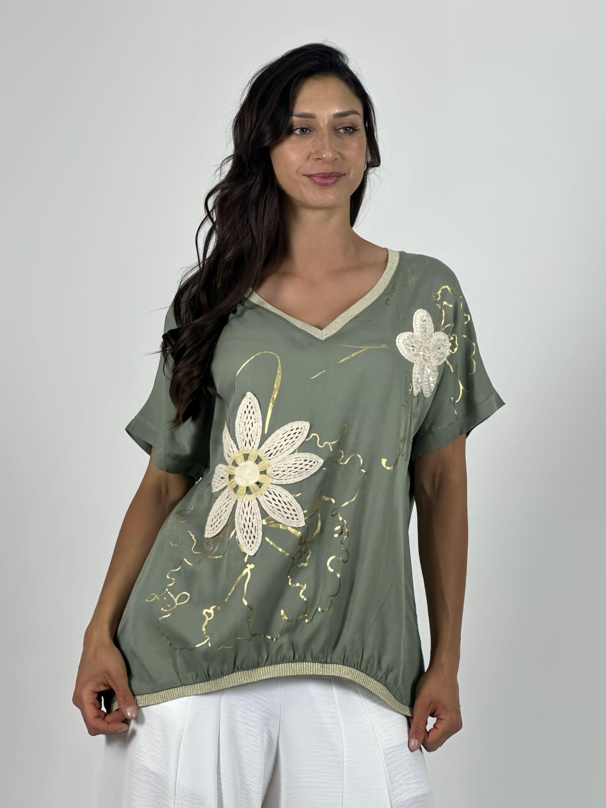 Polera Lino Flor Tejida Lineas Doradas