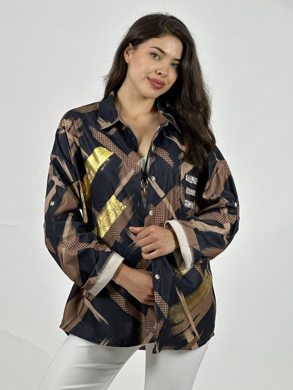 Camisa Cotelé Líneas y Brillos Cruzados