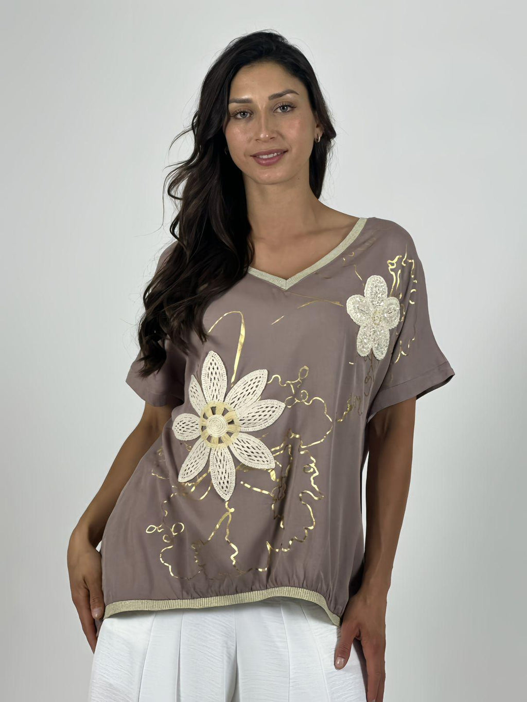 Polera Lino Flor Tejida Lineas Doradas
