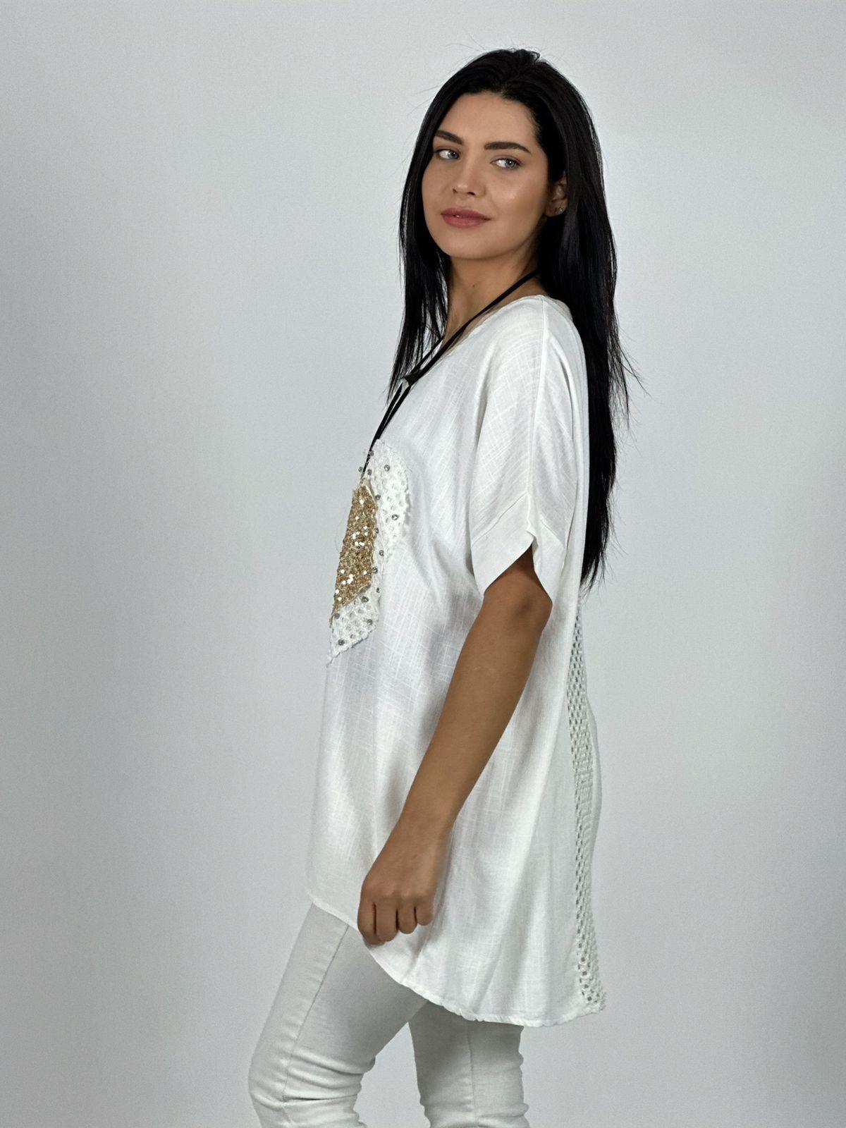 Polera Lino Corazón Brillos y Broderi