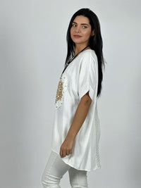 Polera Lino Corazón Brillos y Broderi