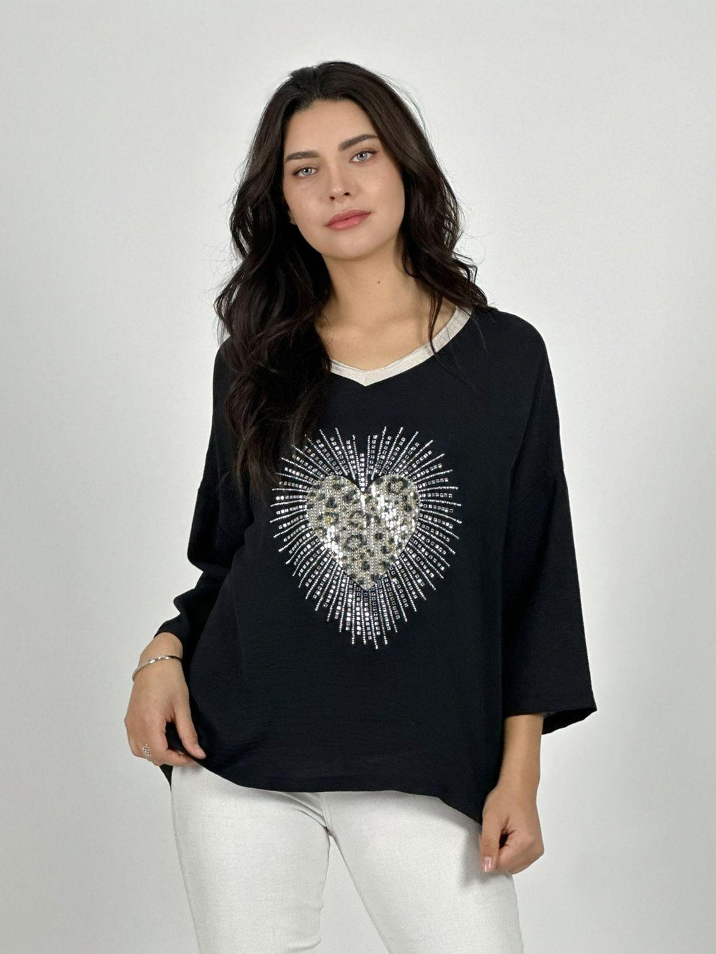Polera Lino Corazon Print Con Brillos