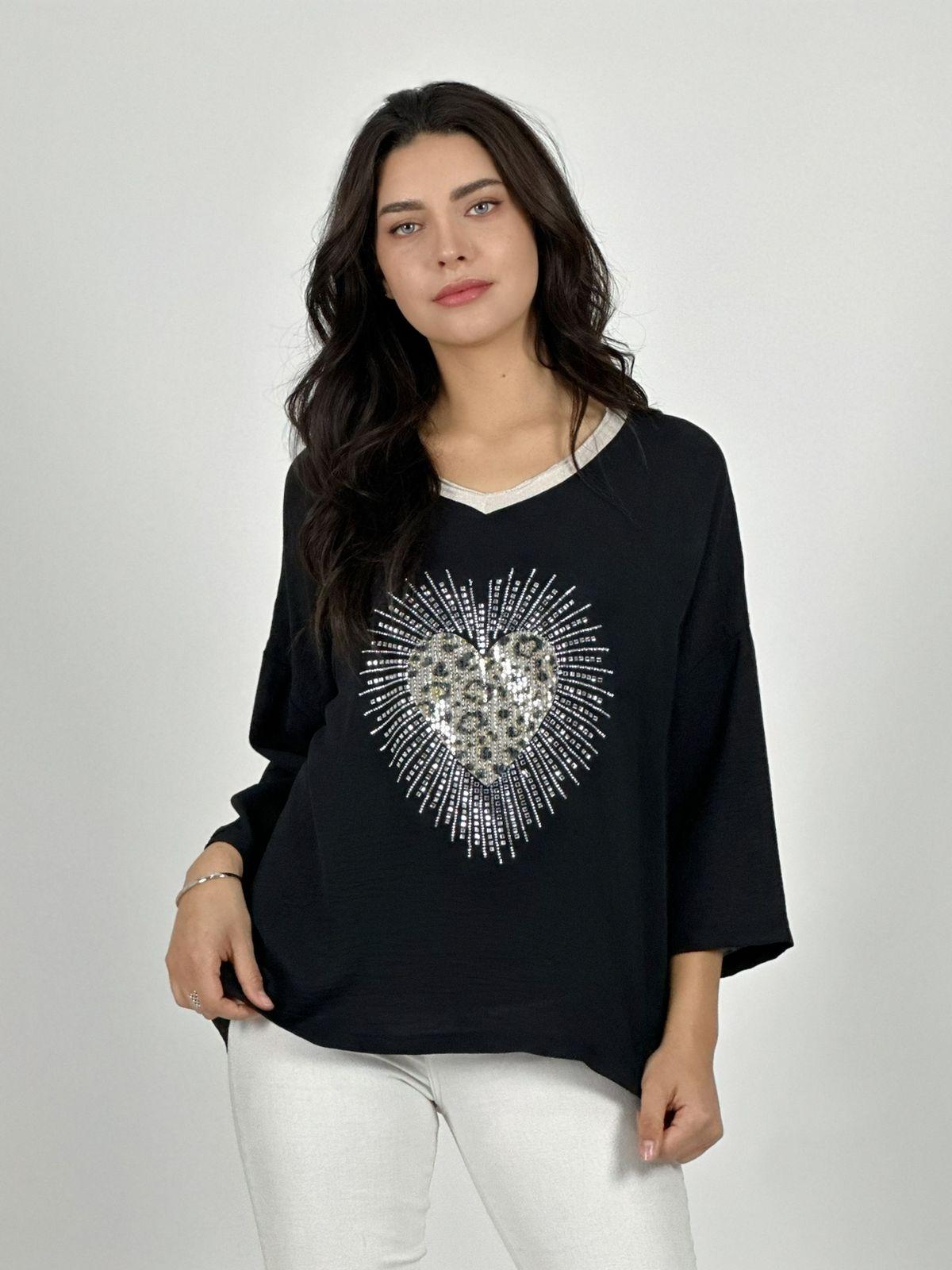 Polera Lino Corazon Print Con Brillos