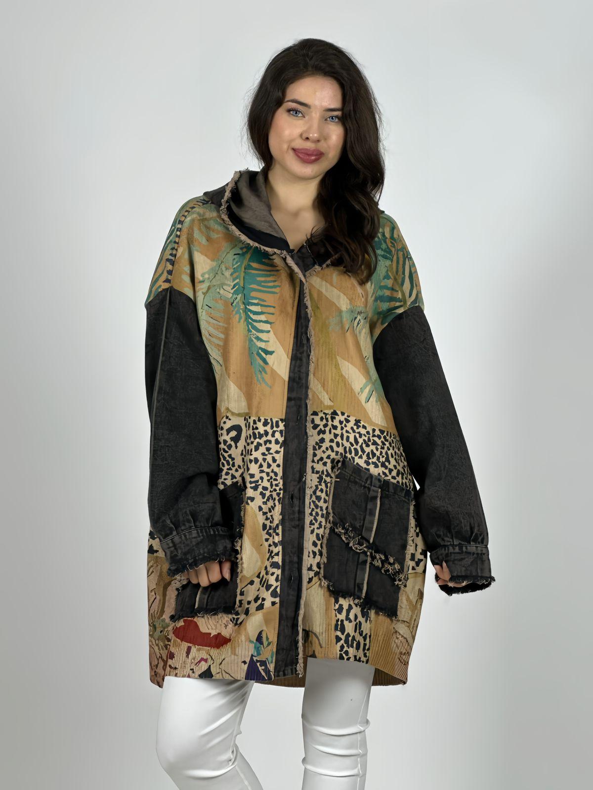 Abrigo Italiano Lana/Mezclilla Hojas y Leopardo