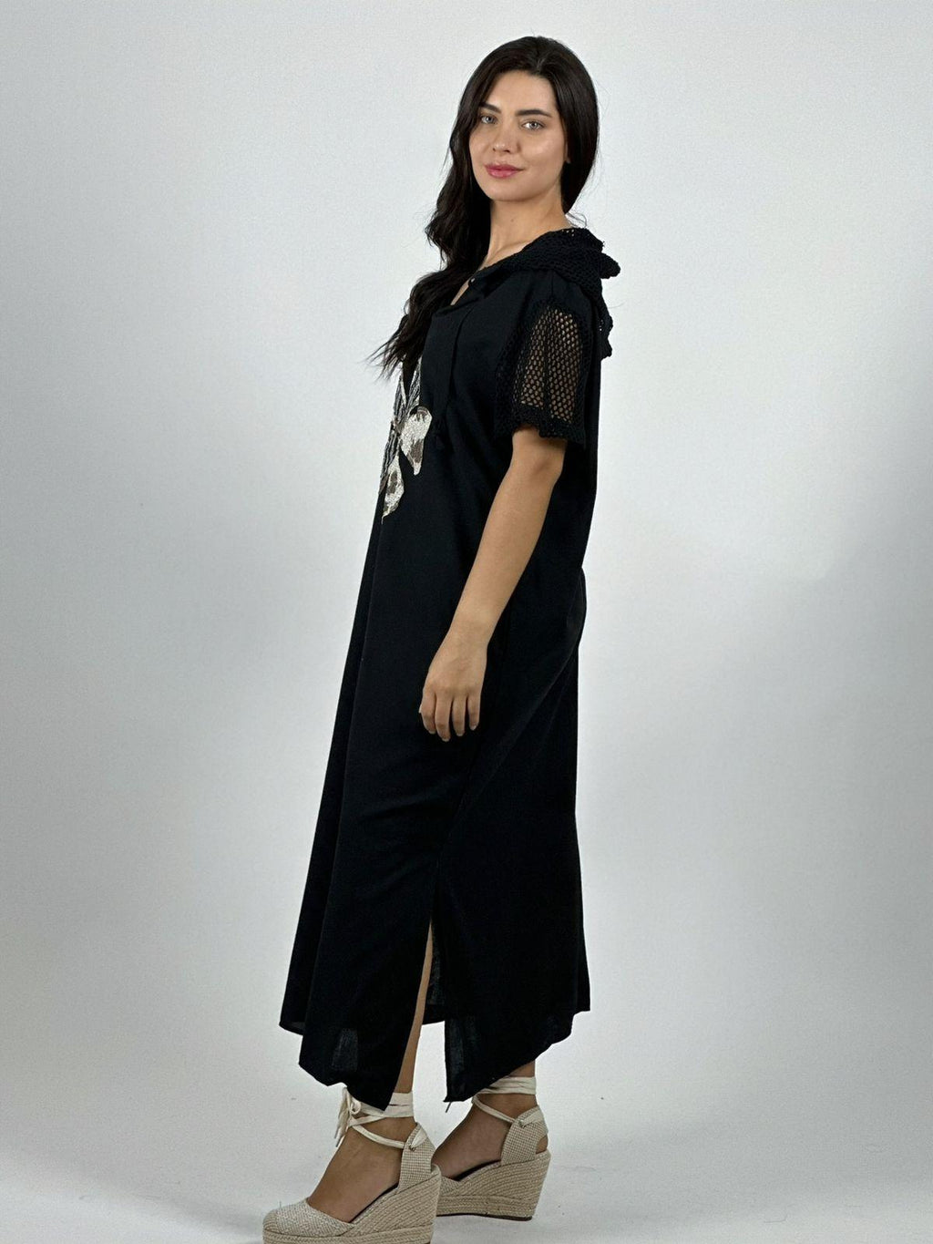 Vestido Largo Crepé Flor Brillos