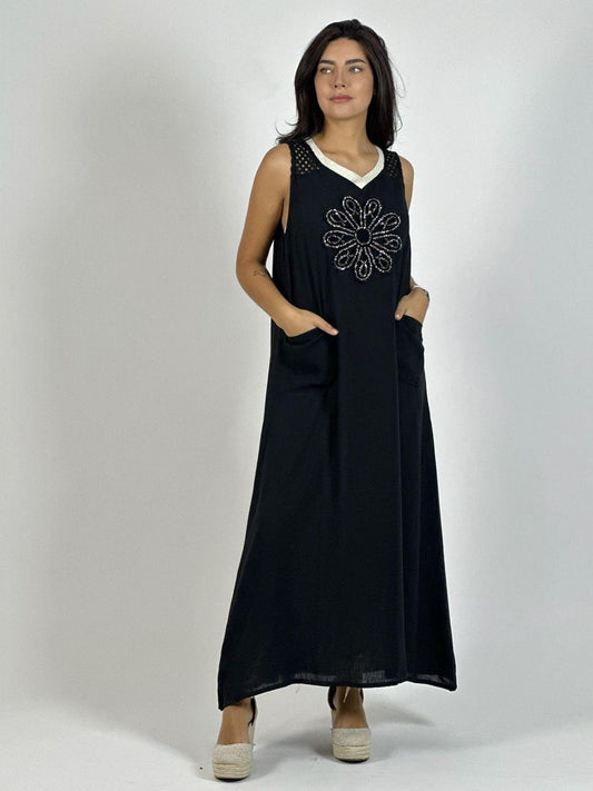 Vestido Lino Hombros Tejidos Flor