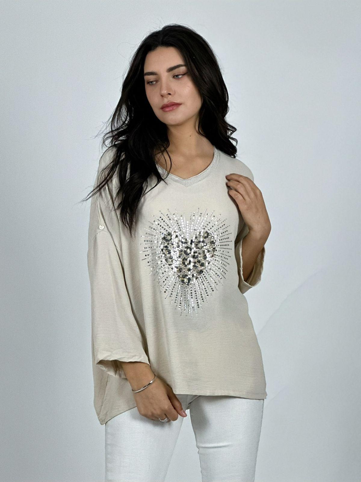 Polera Lino Corazon Print Con Brillos