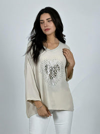 Polera Lino Corazon Print Con Brillos