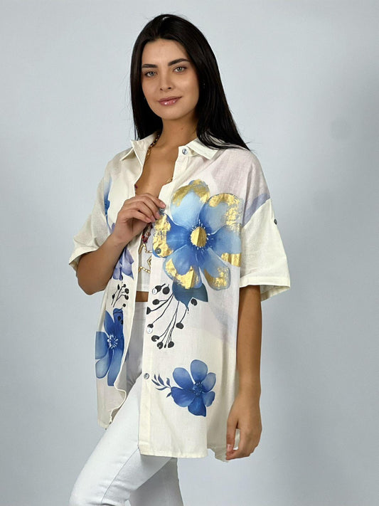 Blusa Lino con Flores Bordes Brillantes