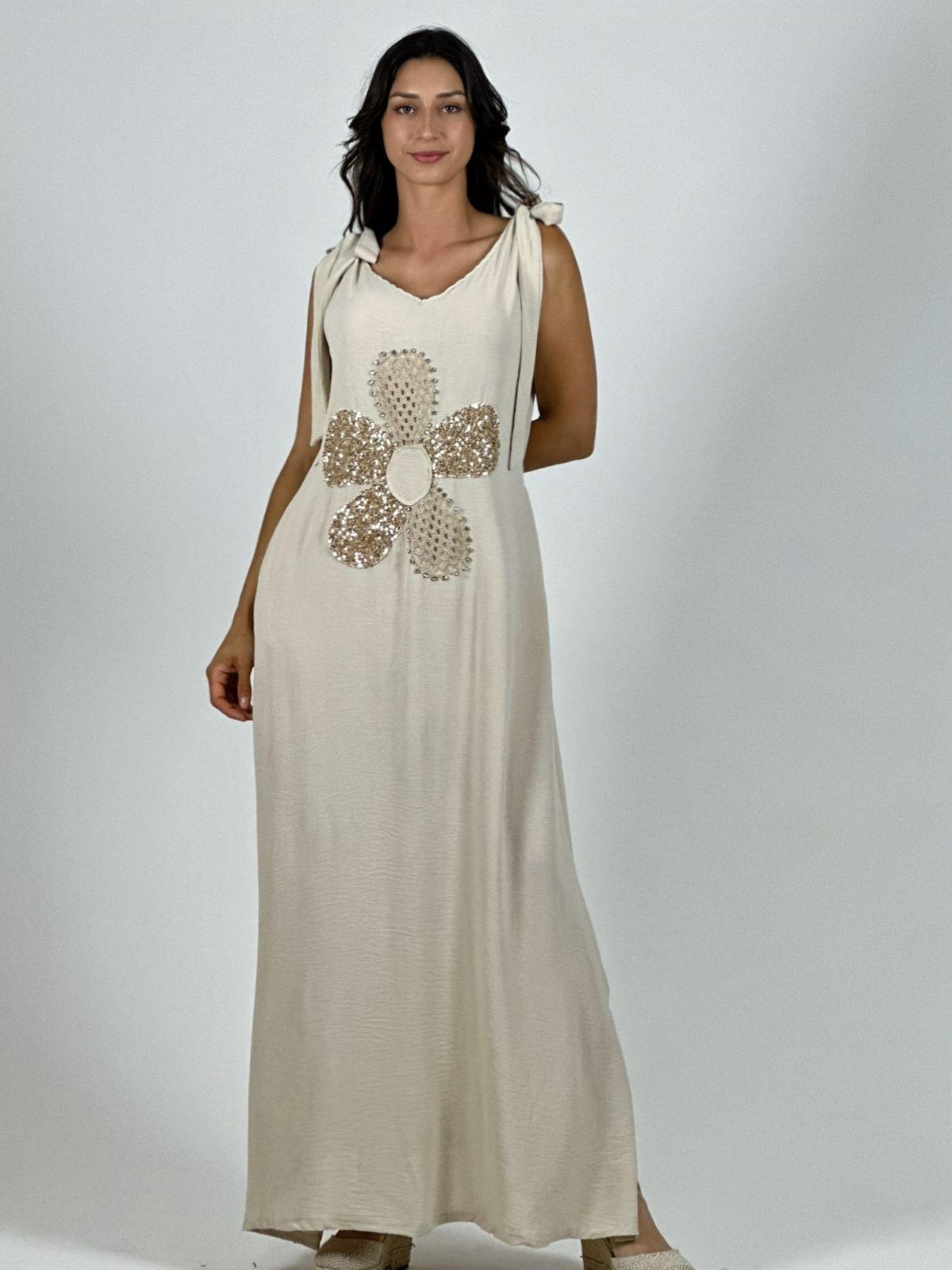 Vestido Lino Flor Brillos