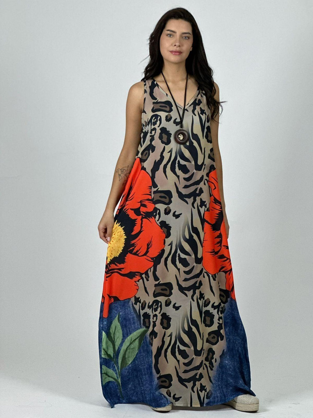 Vestido Crepé Animal Print con Flor