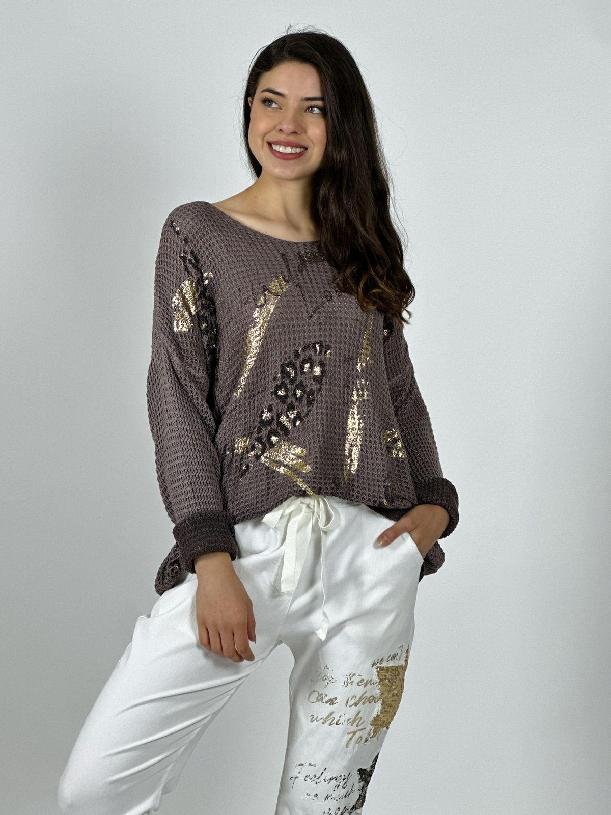 Sweater Tejido Italiano Flores Brillos y Letras