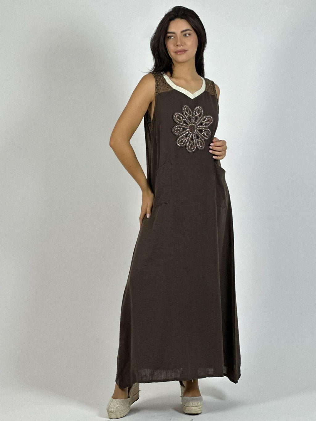 Vestido Lino Hombros Tejidos Flor