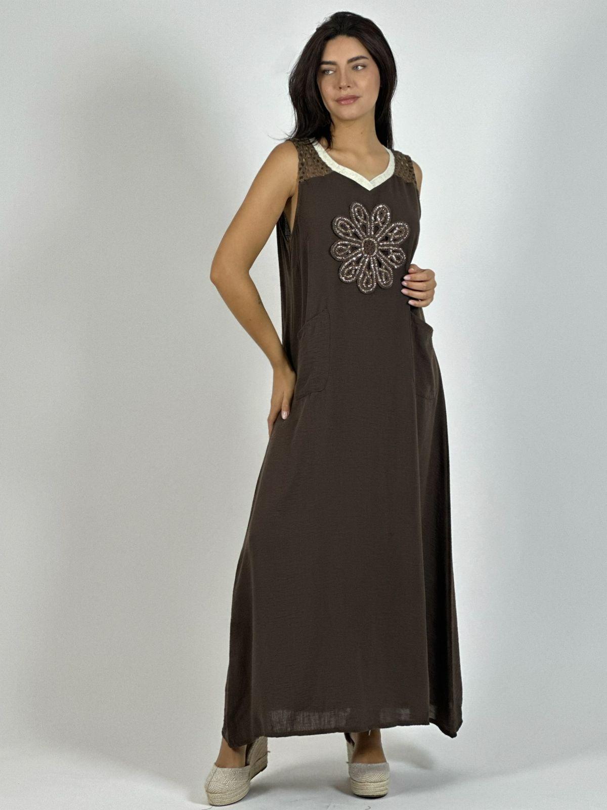 Vestido Lino Hombros Tejidos Flor